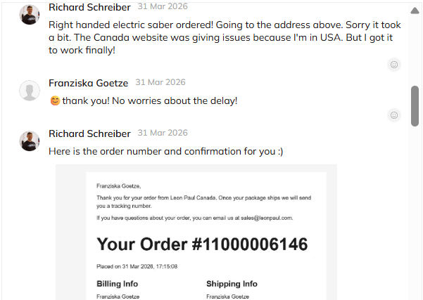 Leon Paul order confirmation for the winner's electric sabre