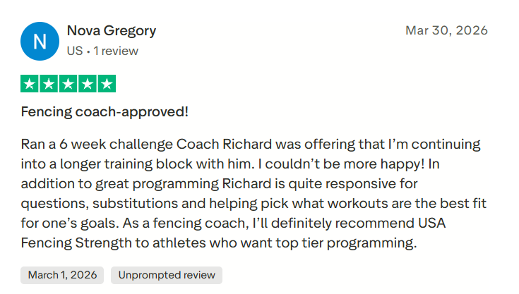 5-star review from a fencing coach recommending the program